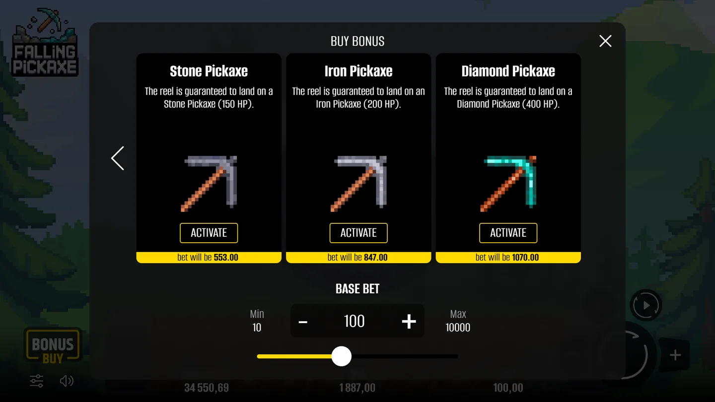 Бонусный выбор Stone Pickaxe, Iron Pickaxe и Diamond Pickaxe в Falling Pickaxe
