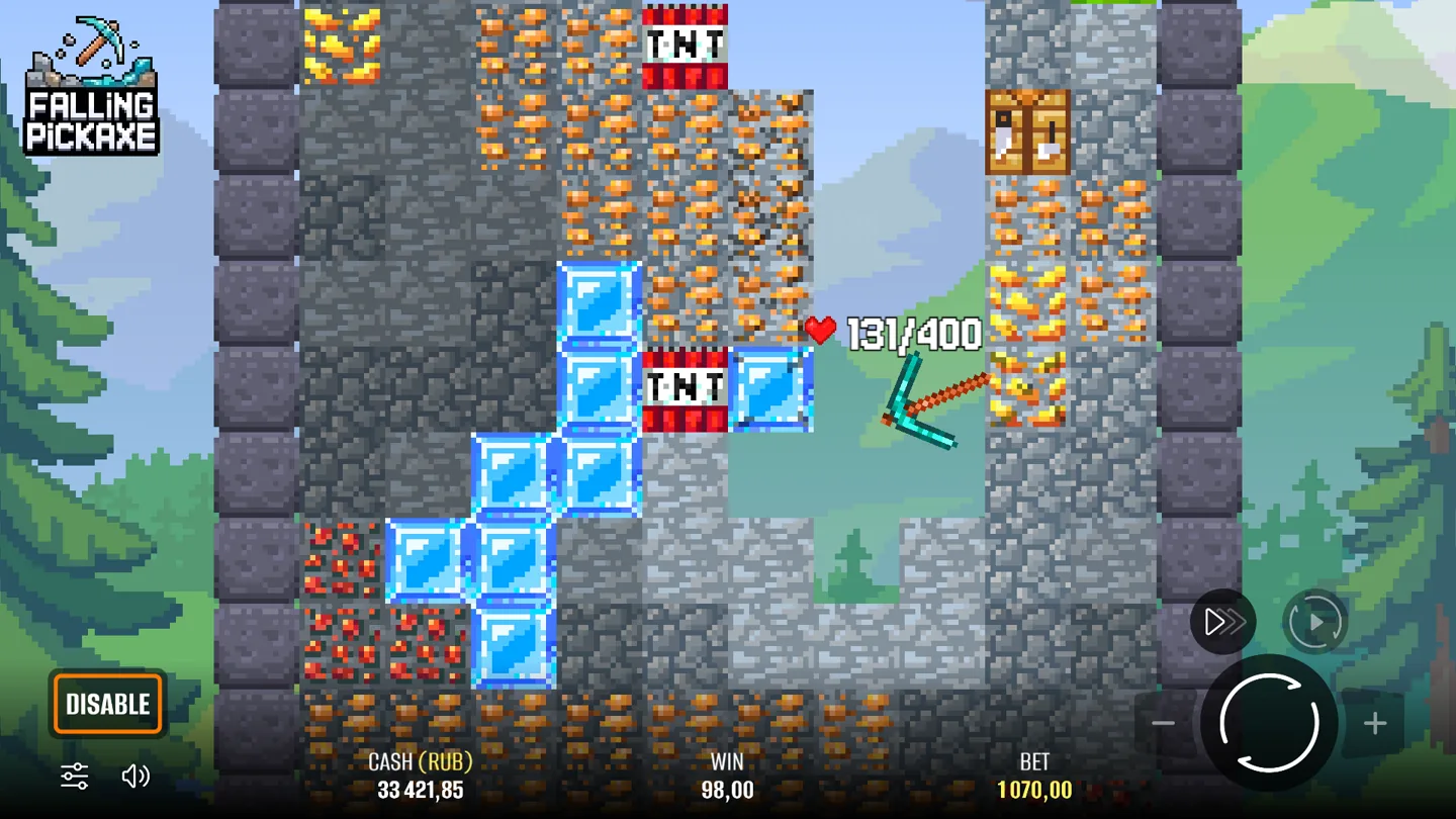 Геймплей Falling Pickaxe с алмазной киркой, рудой и TNT